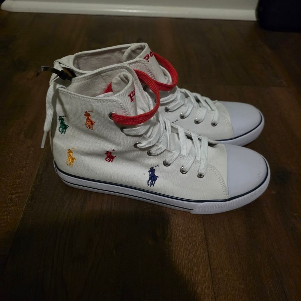 NWT-Polo Ralph Lauren White High-Top Sneakers with Multicolor Embroidery - Picture 15 of 16